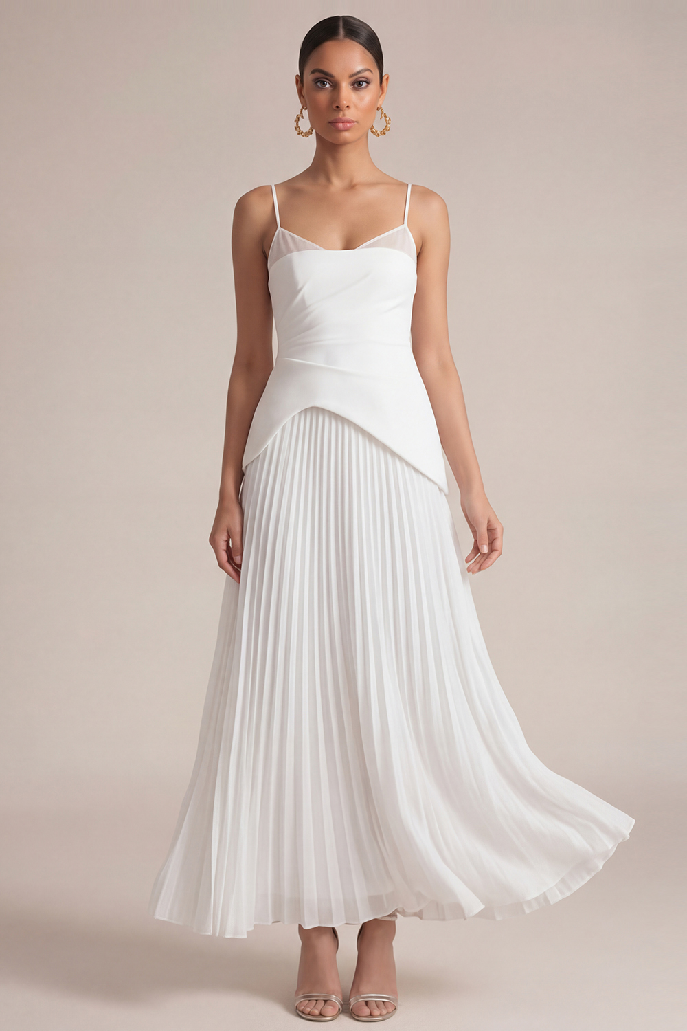 White Wedding Guest Dress A-Line Spaghetti Straps Pleated Maxi Dress