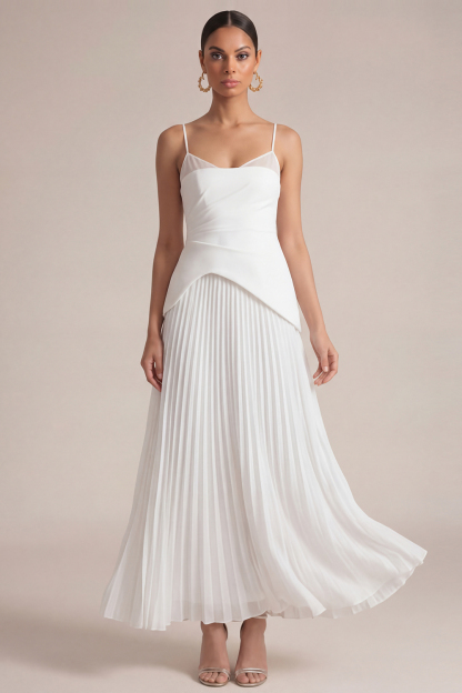 White Wedding Guest Dress A-Line Spaghetti Straps Pleated Maxi Dress 