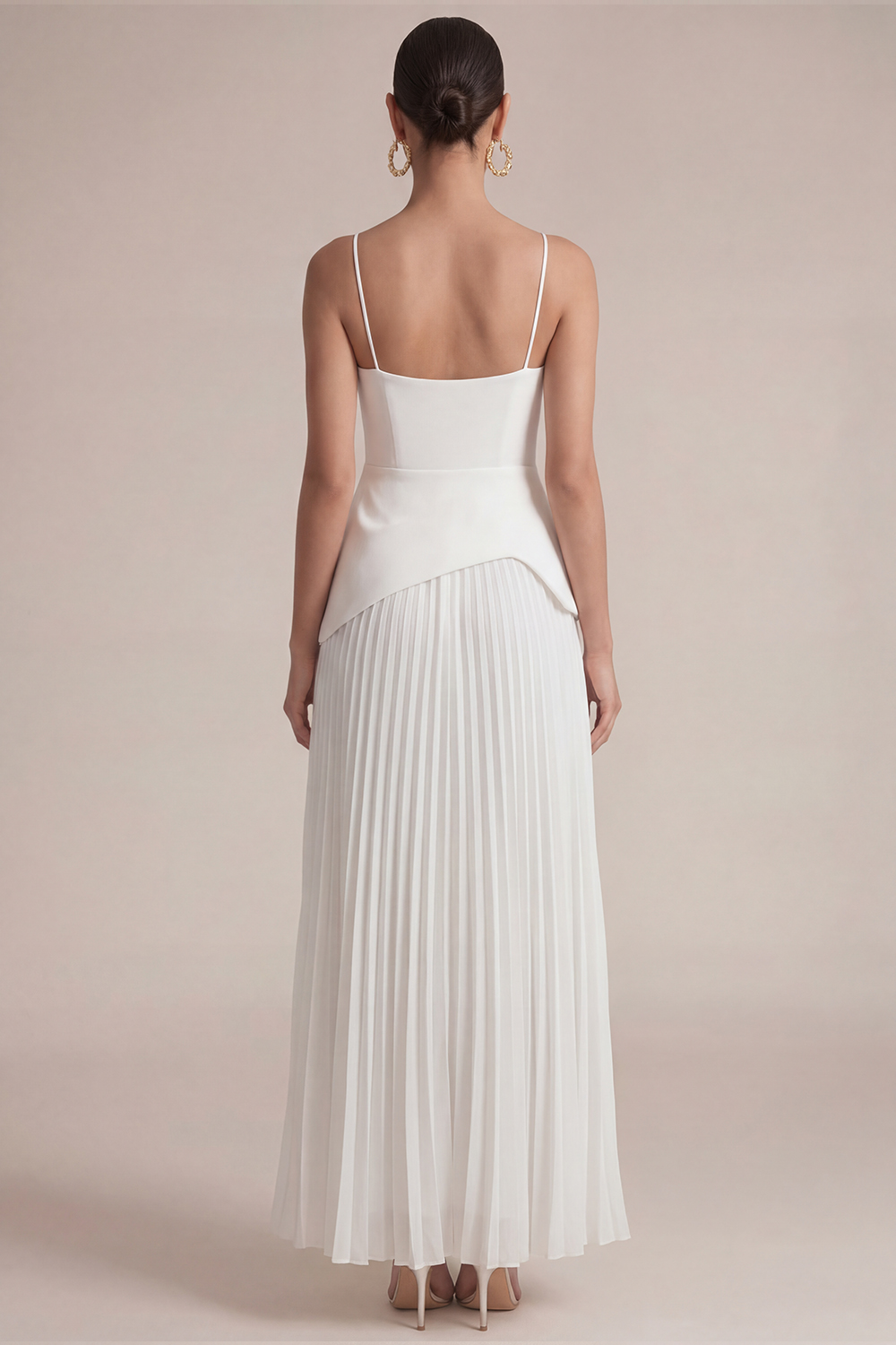 White Wedding Guest Dress A-Line Spaghetti Straps Pleated Maxi Dress 