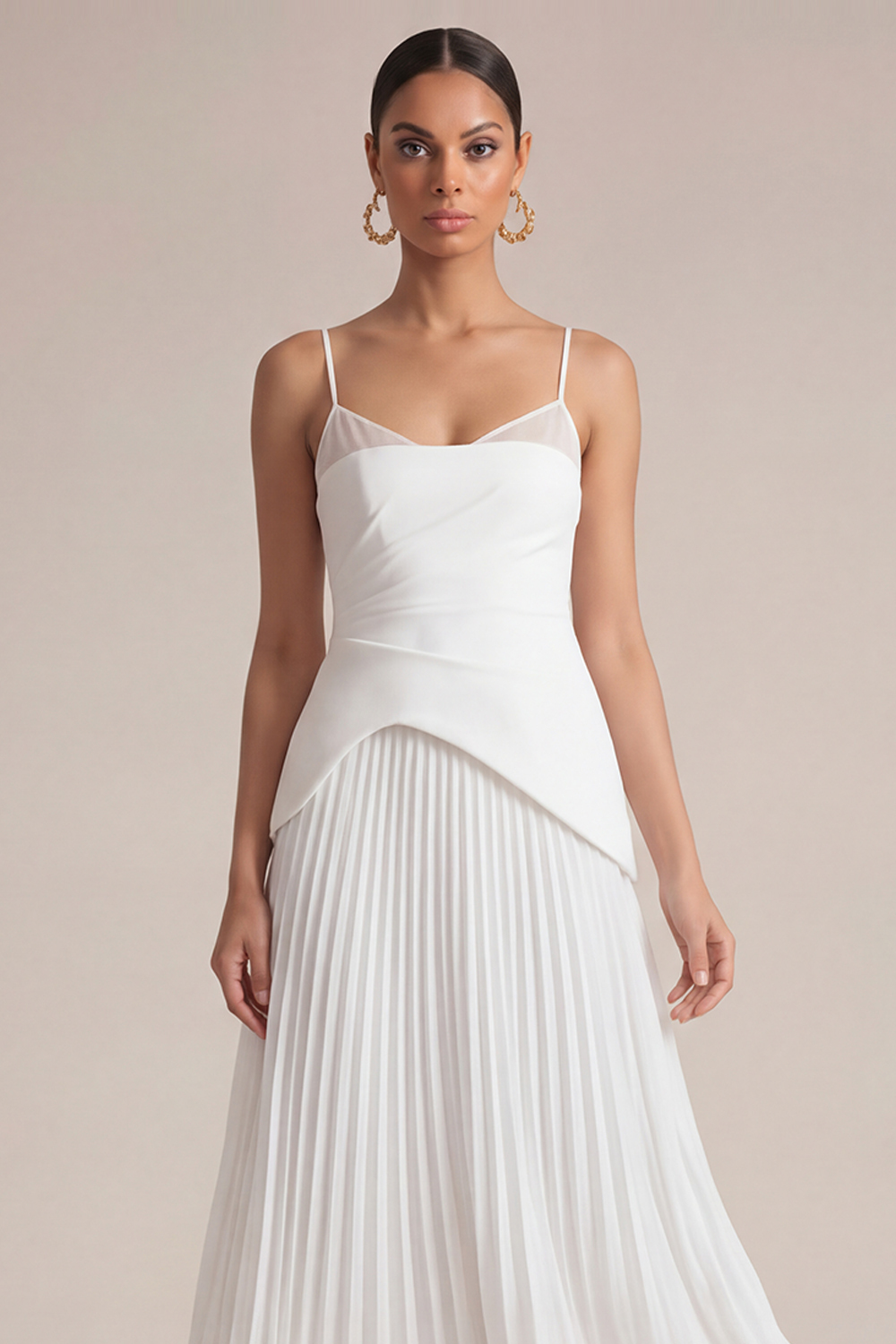 White Wedding Guest Dress A-Line Spaghetti Straps Pleated Maxi Dress 