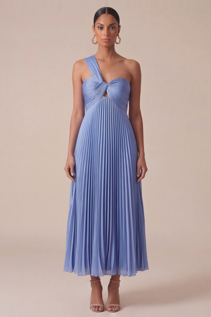 Sky Blue Wedding Guest Dress One Shoulder A-Line Pleated Maxi Dress 