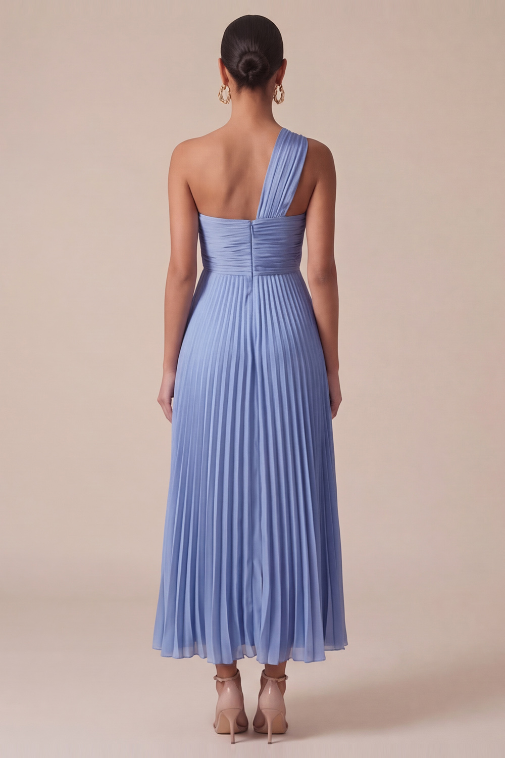 Sky Blue Wedding Guest Dress One Shoulder A-Line Pleated Maxi Dress 