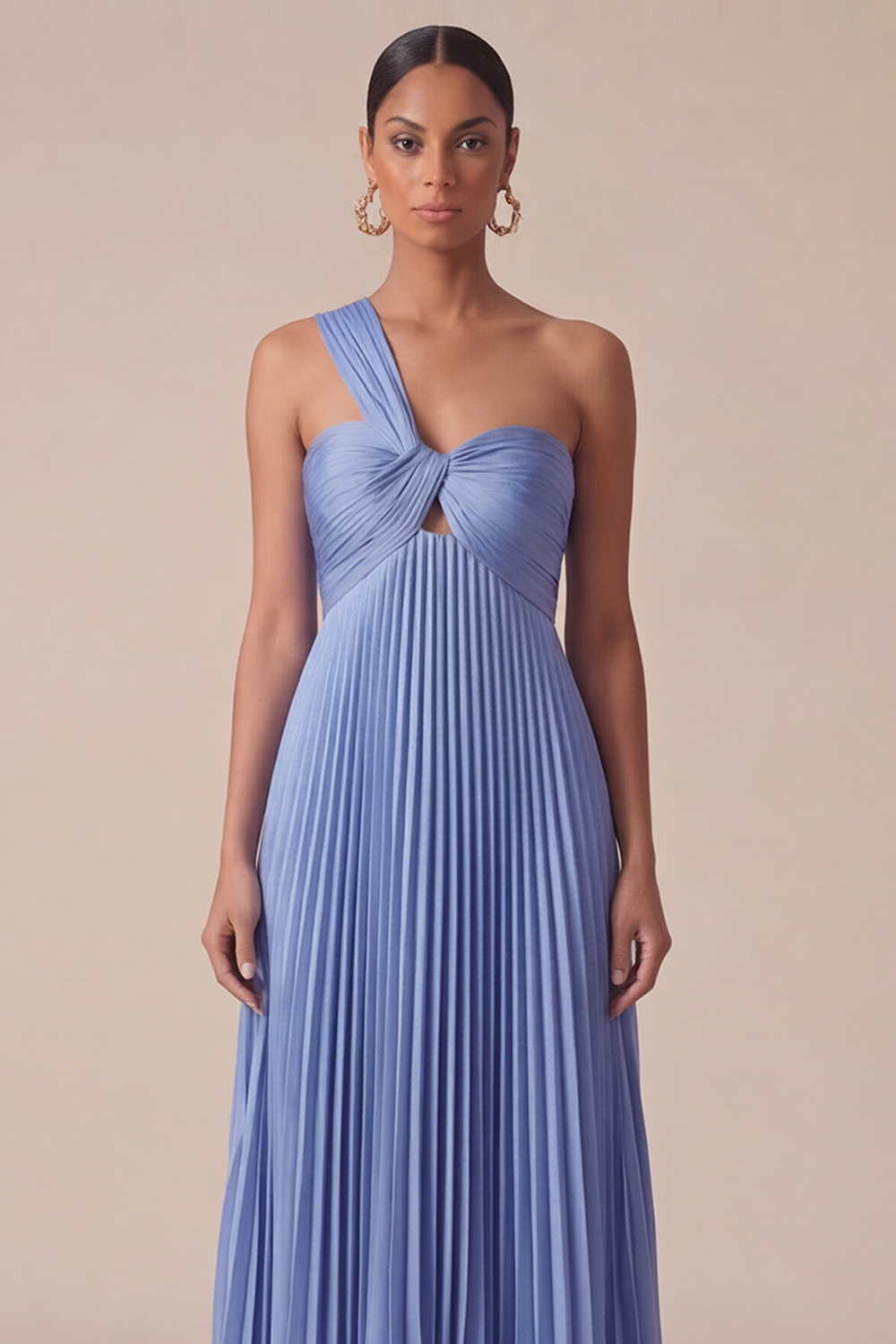 Sky Blue Wedding Guest Dress One Shoulder A-Line Pleated Maxi Dress 