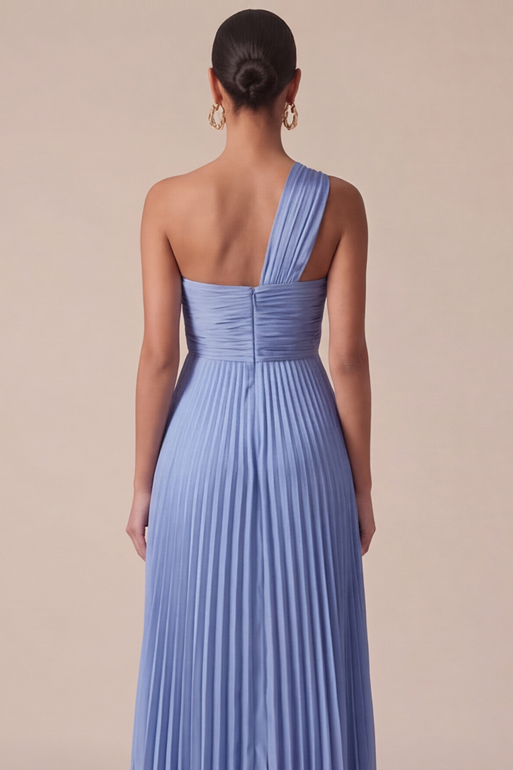 Sky Blue Wedding Guest Dress One Shoulder A-Line Pleated Maxi Dress 