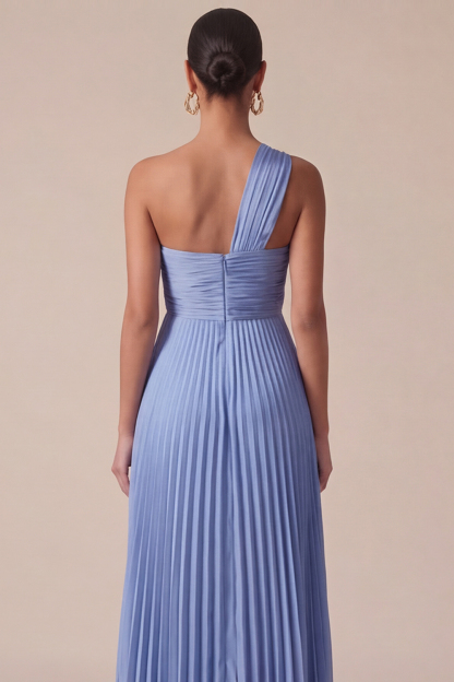 Sky Blue Wedding Guest Dress One Shoulder A-Line Pleated Maxi Dress 