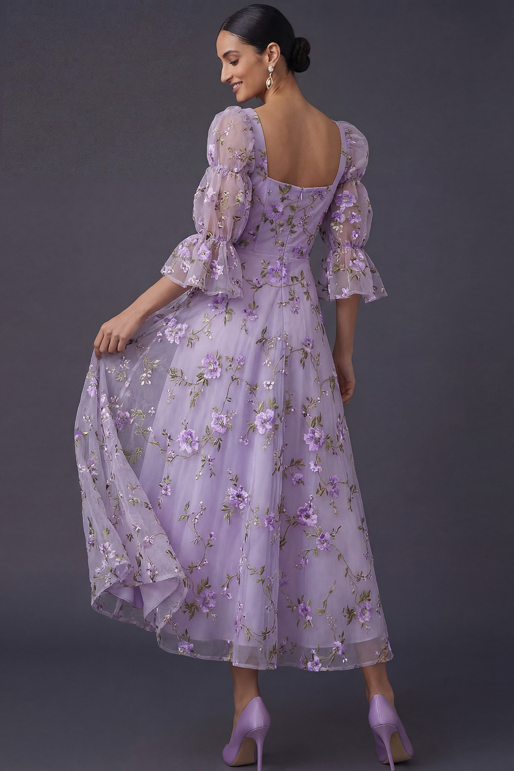 Lilac Wedding Guest Dress A-Line Square Neck Appliqued Maxi Dress 