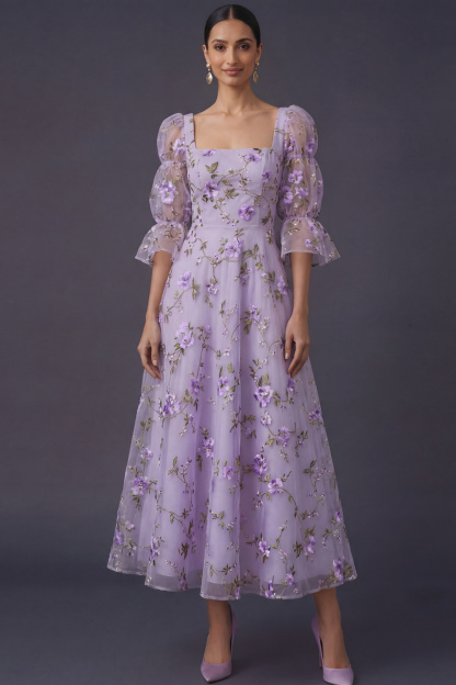 Lilac Wedding Guest Dress A-Line Square Neck Appliqued Maxi Dress 