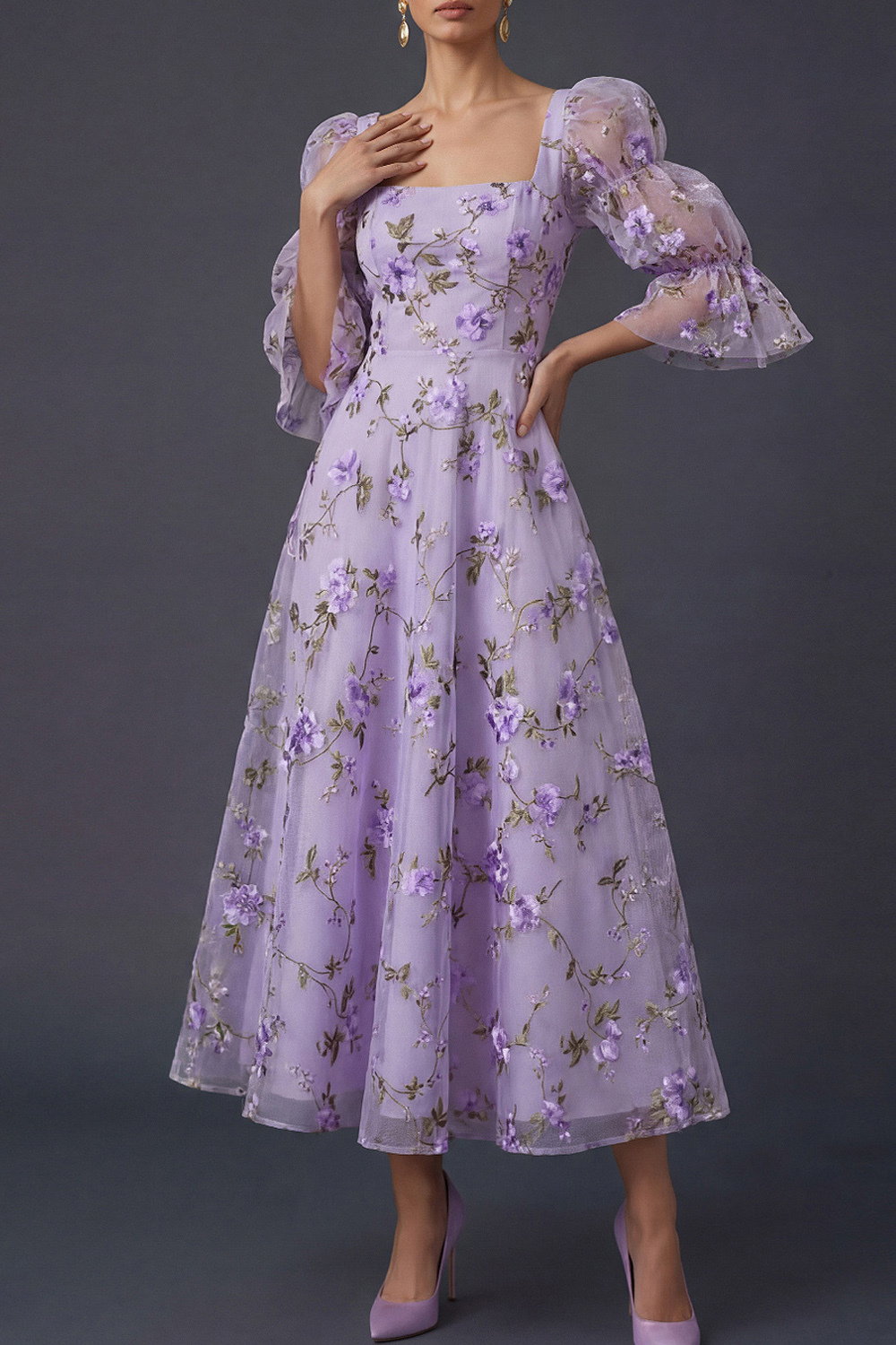 Lilac Wedding Guest Dress A-Line Square Neck Appliqued Maxi Dress 