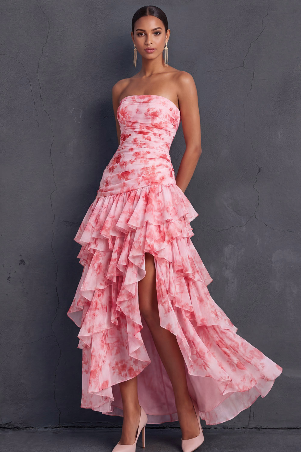 Pink Flower Wedding Guest Dress Strapless Tiered Maxi Dress with Slit