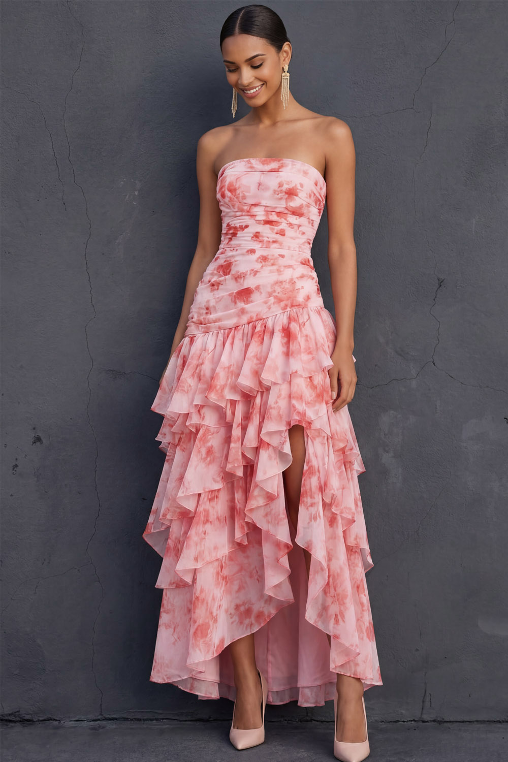 Pink Flower Wedding Guest Dress Strapless Tiered Maxi Dress with Slit