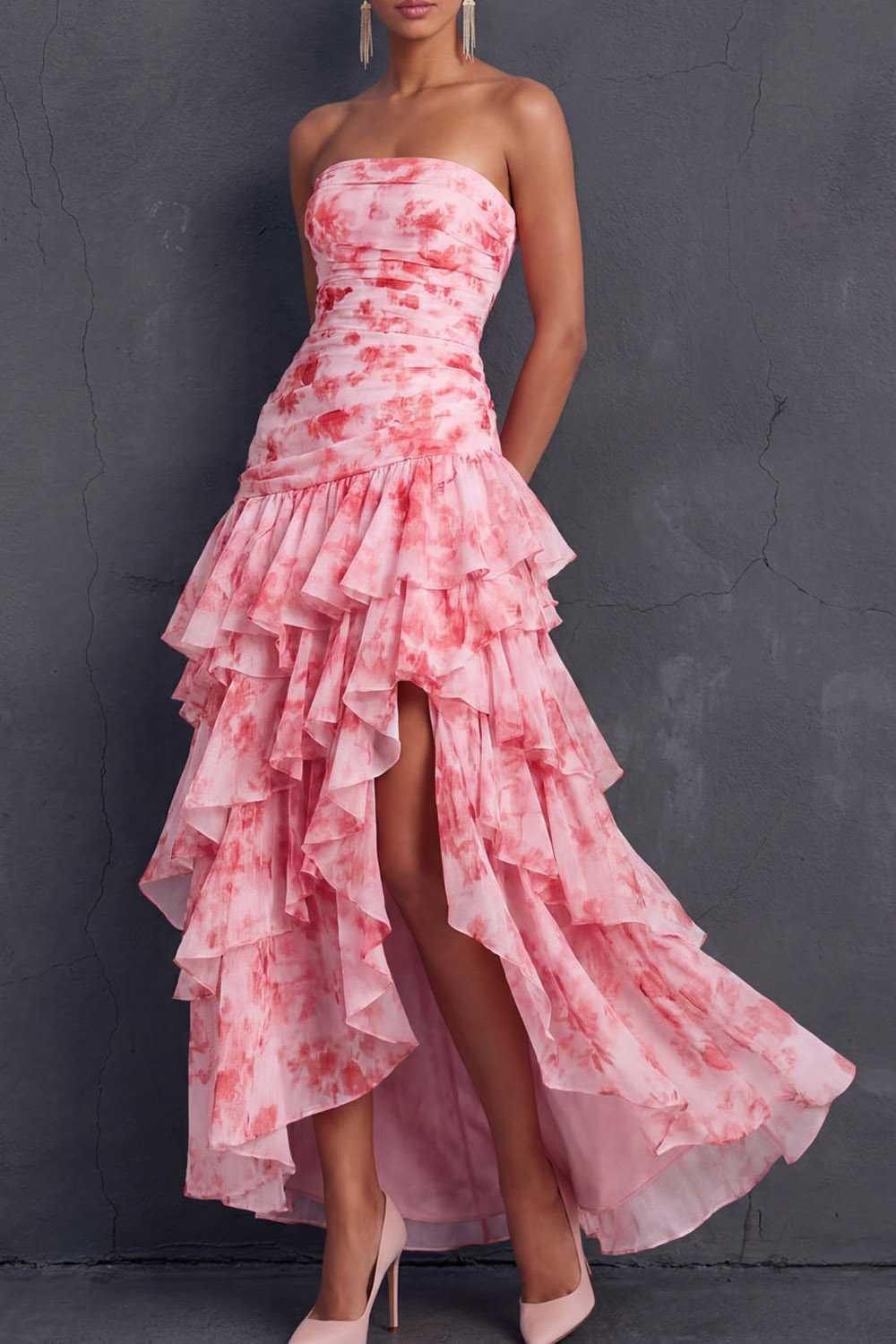 Pink Flower Wedding Guest Dress Strapless Tiered Maxi Dress with Slit