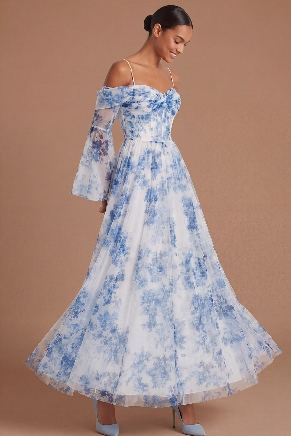 White Blue Flower Wedding Guest Dress Off the Shoulder Long Sleeve Maxi Dress