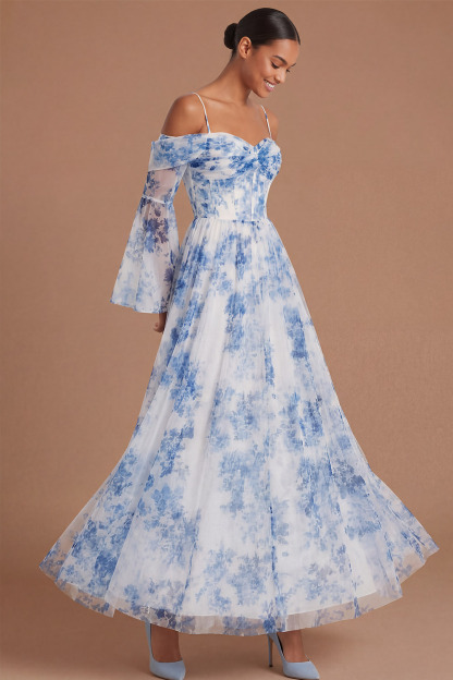 White Blue Flower Wedding Guest Dress Off the Shoulder Long Sleeve Maxi Dress 