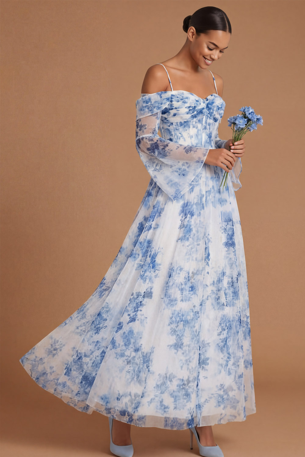 White Blue Flower Wedding Guest Dress Off the Shoulder Long Sleeve Maxi Dress 