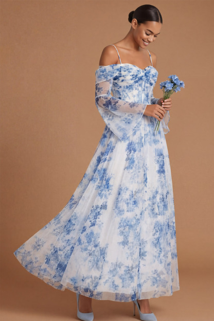 White Blue Flower Wedding Guest Dress Off the Shoulder Long Sleeve Maxi Dress 