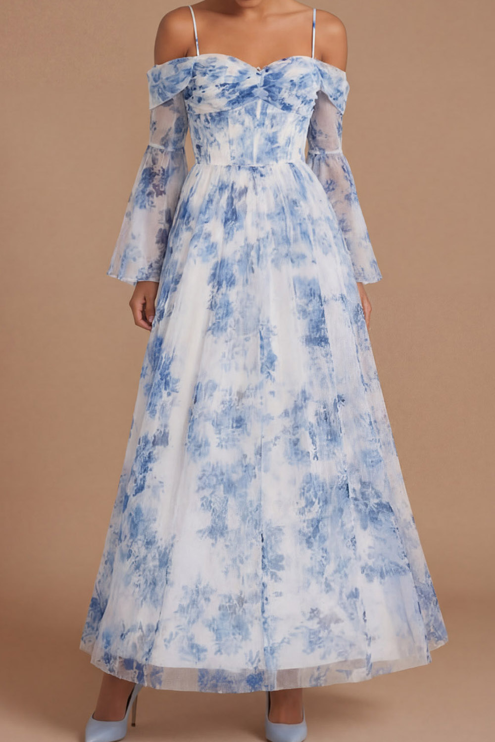 White Blue Flower Wedding Guest Dress Off the Shoulder Long Sleeve Maxi Dress 