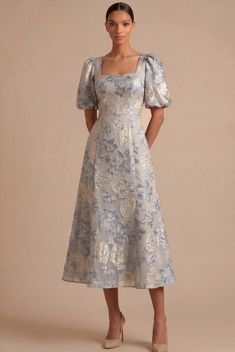 Dusty Blue Floral Wedding Guest Dress Square Neck Puff Sleeve Midi Dress 