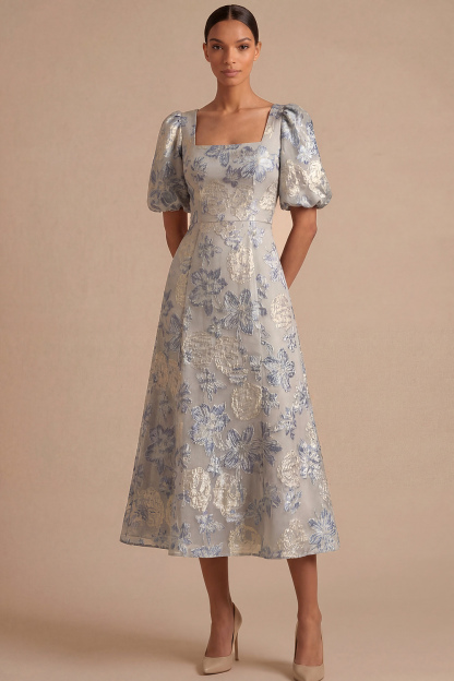 Dusty Blue Floral Wedding Guest Dress Square Neck Puff Sleeve Midi Dress 