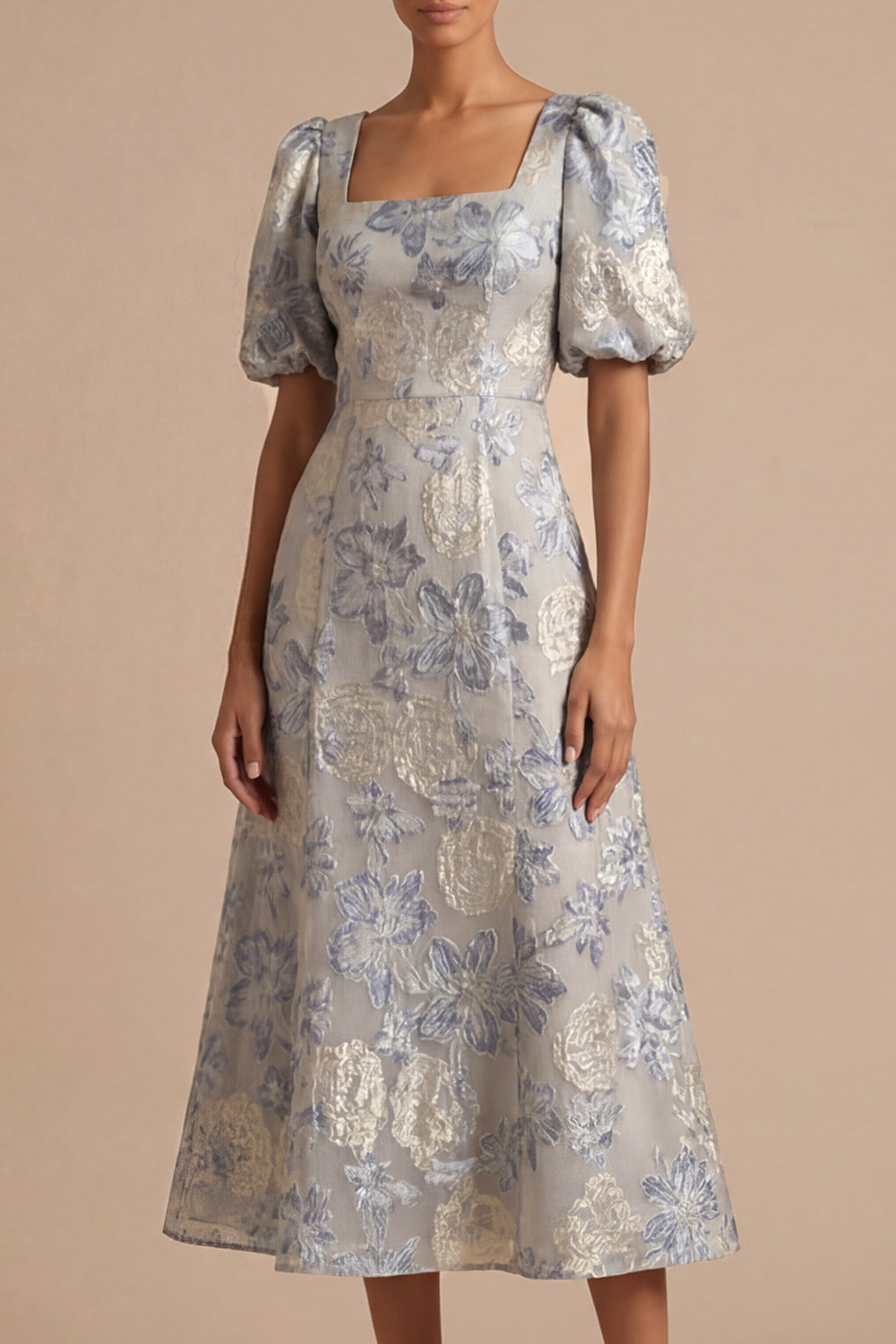 Dusty Blue Floral Wedding Guest Dress Square Neck Puff Sleeve Midi Dress 