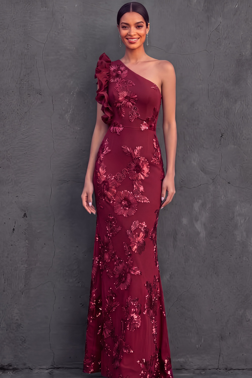 Green Floral Formal Dress Mermaid One Shoulder Ruffled Maxi Dress