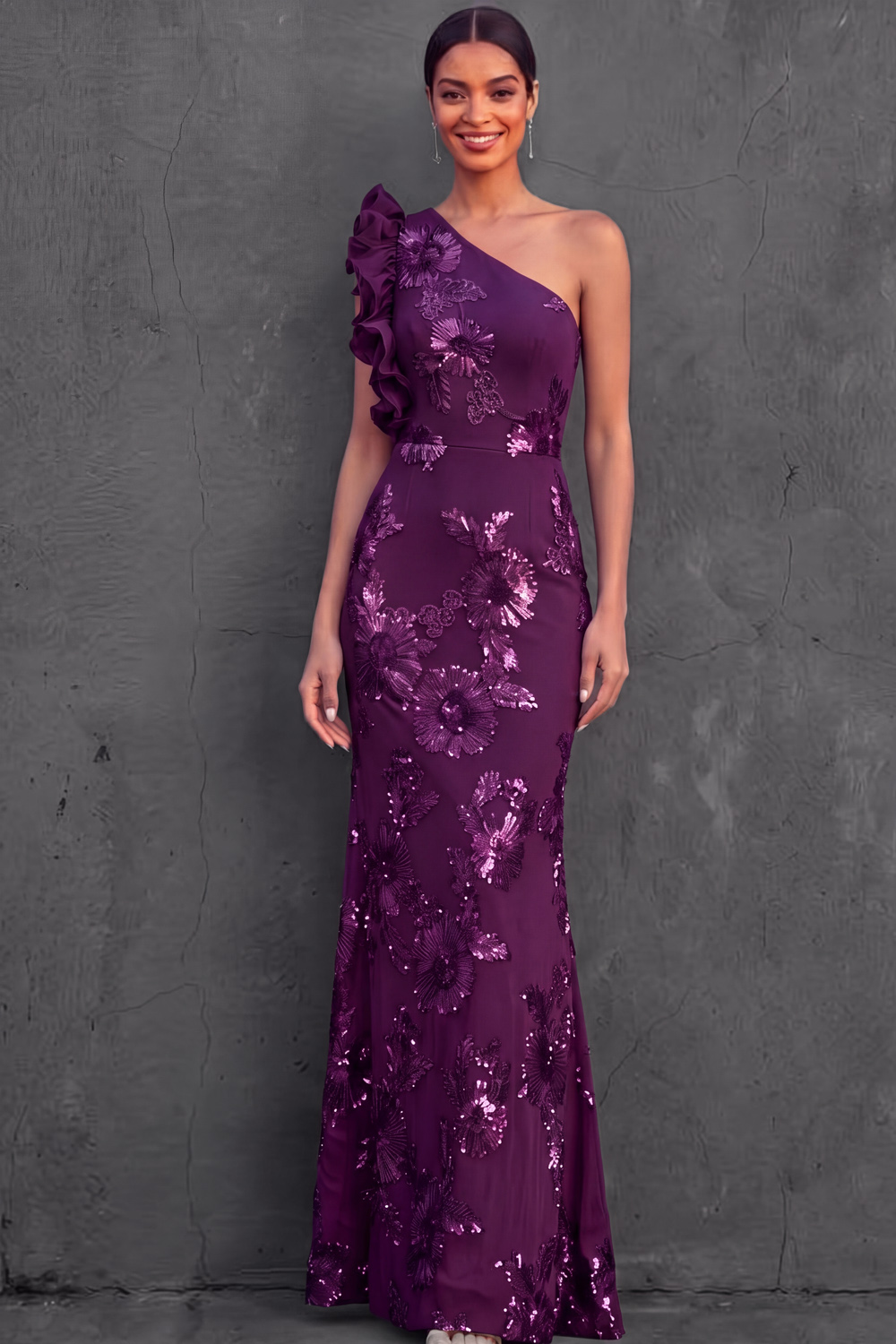 Green Floral Formal Dress Mermaid One Shoulder Ruffled Maxi Dress