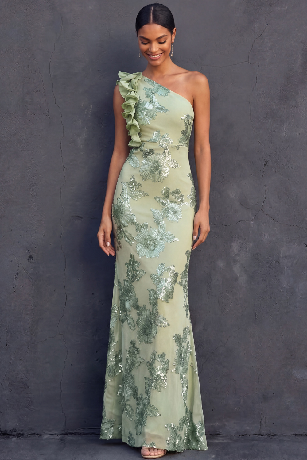 Green Floral Formal Dress Mermaid One Shoulder Ruffled Maxi Dress