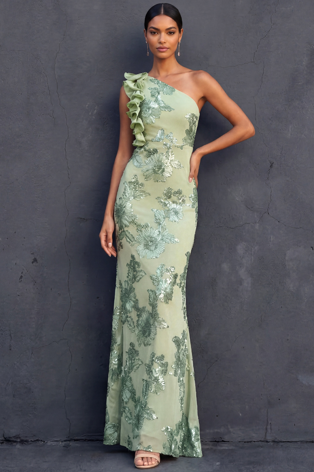 Green Floral Formal Dress Mermaid One Shoulder Ruffled Maxi Dress