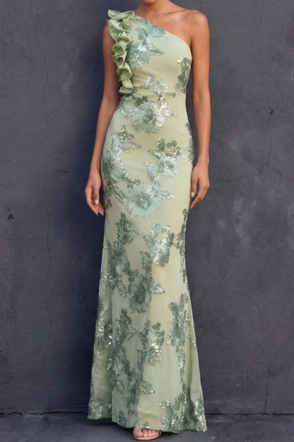 Green Floral Formal Dress Mermaid One Shoulder Ruffled Maxi Dress