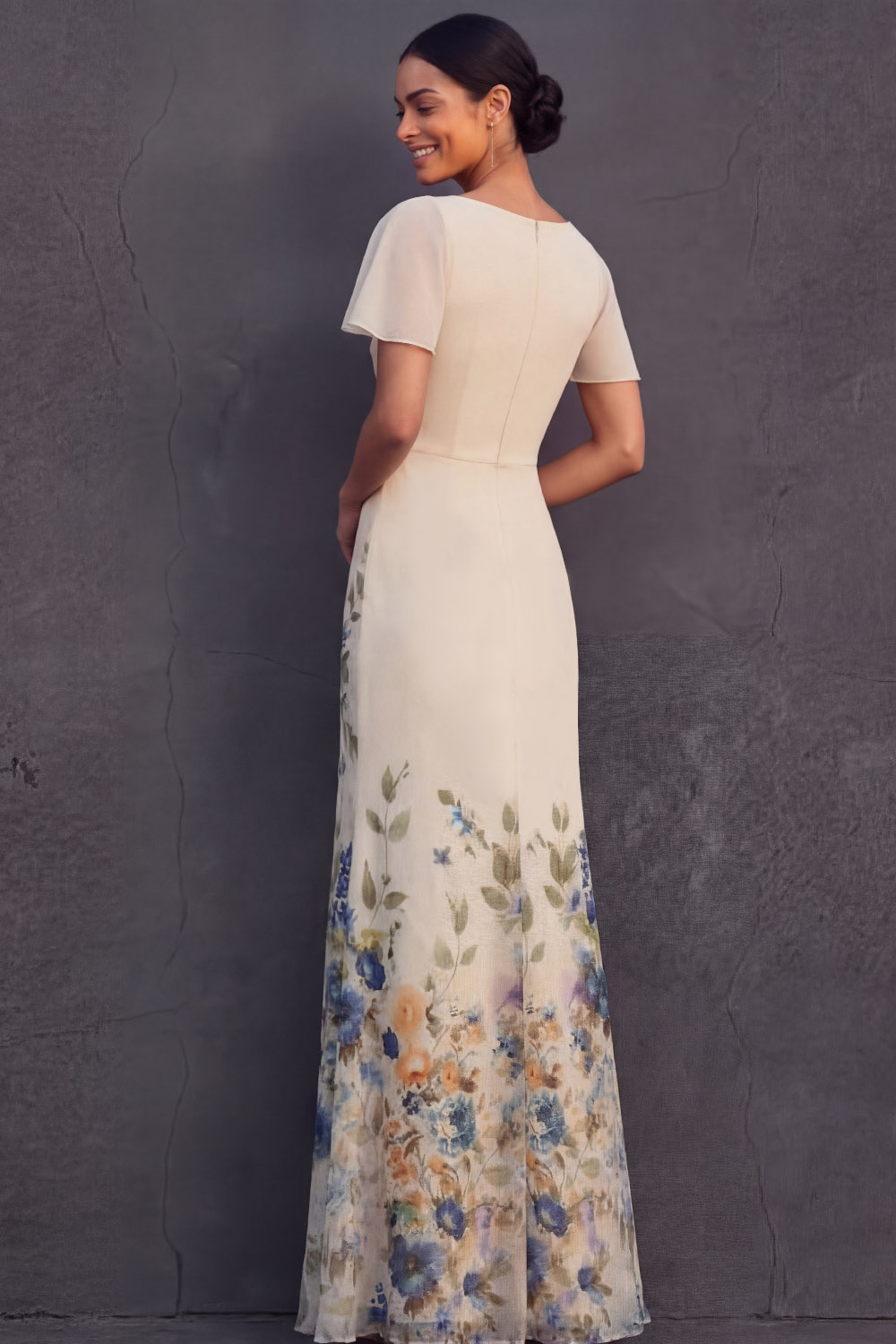 Champagne Floral Wedding Guest Dress Mermaid Flutter Sleeve Maxi Dress 