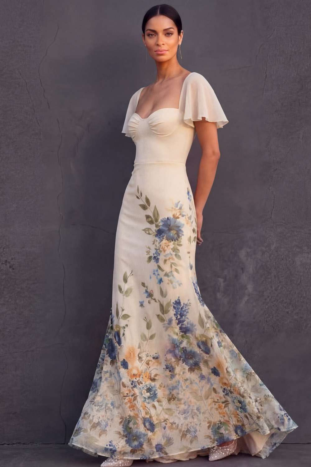Champagne Floral Wedding Guest Dress Mermaid Flutter Sleeve Maxi Dress 