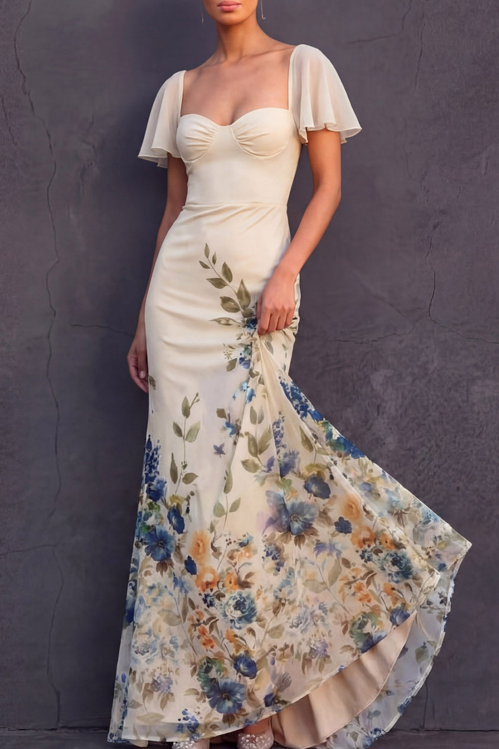 Champagne Floral Wedding Guest Dress Mermaid Flutter Sleeve Maxi Dress 