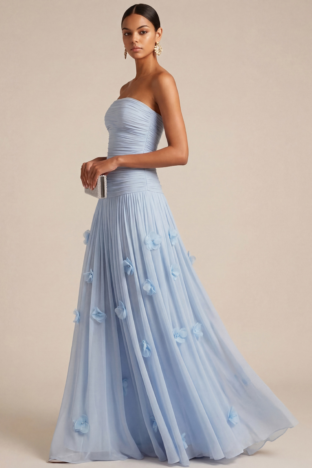 Light Blue Formal Dress Strapless Pleated Maxi Dress with 3D Flower