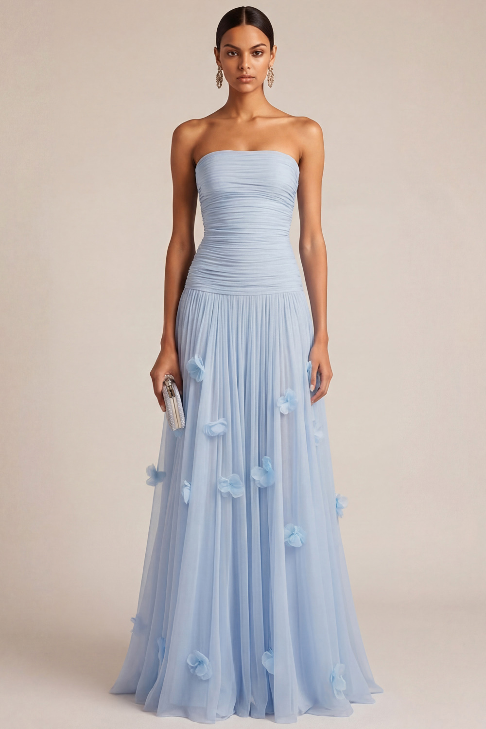 Light Blue Formal Dress Strapless Pleated Maxi Dress with 3D Flower