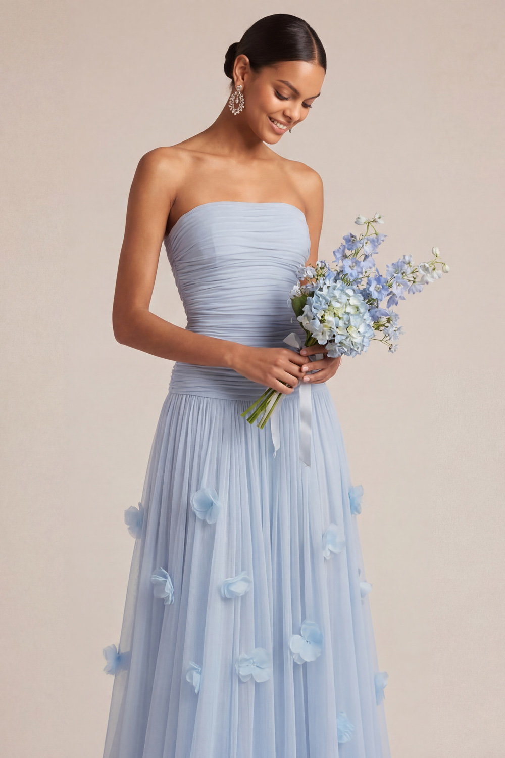 Light Blue Formal Dress Strapless Pleated Maxi Dress with 3D Flower