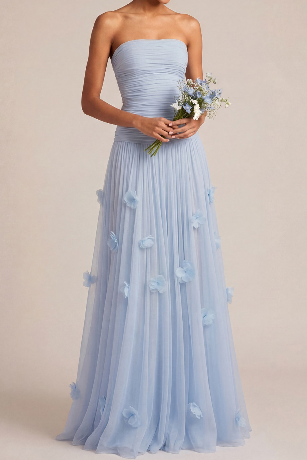 Light Blue Formal Dress Strapless Pleated Maxi Dress with 3D Flower