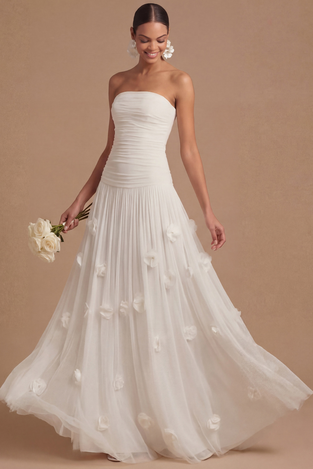 Light Blue Formal Dress Strapless Pleated Maxi Dress with 3D Flower