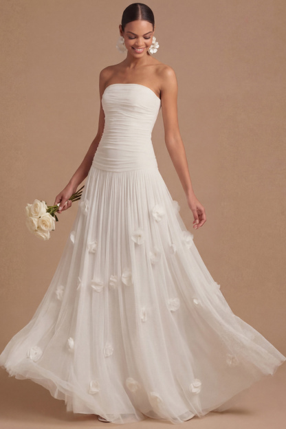 Light Blue Formal Dress Strapless Pleated Maxi Dress with 3D Flower