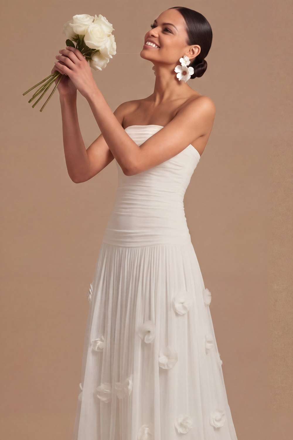 Light Blue Formal Dress Strapless Pleated Maxi Dress with 3D Flower