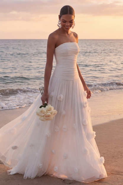 Light Blue Formal Dress Strapless Pleated Maxi Dress with 3D Flower