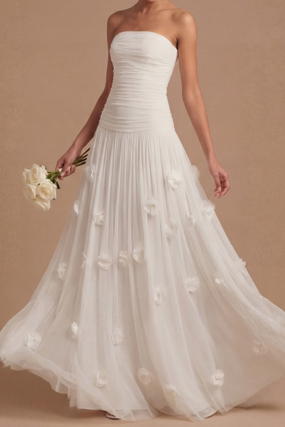 Light Blue Formal Dress Strapless Pleated Maxi Dress with 3D Flower