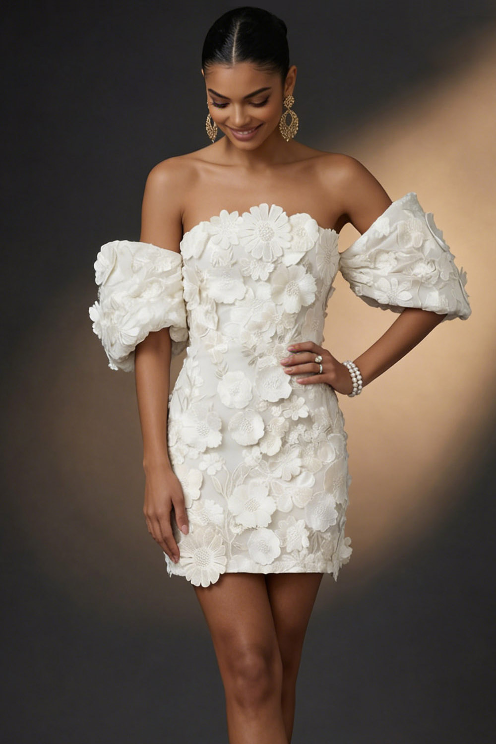 White Cocktail Party Dress​​ Off the Shoulder Puff Sleeve Appliqued Mini Dress 