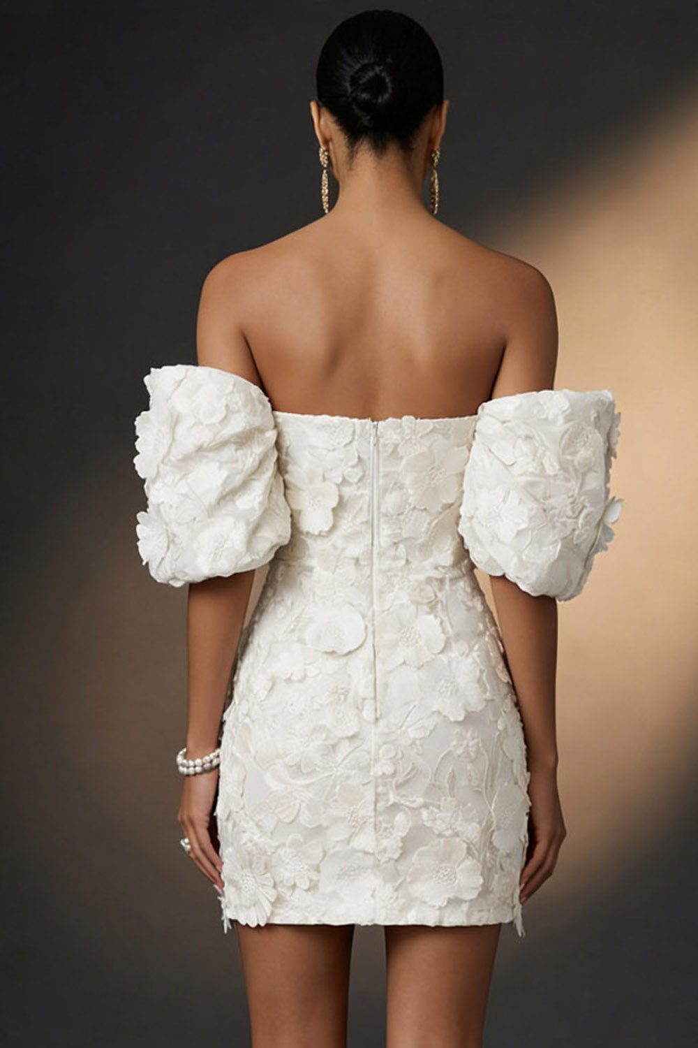 White Cocktail Party Dress​​ Off the Shoulder Puff Sleeve Appliqued Mini Dress 