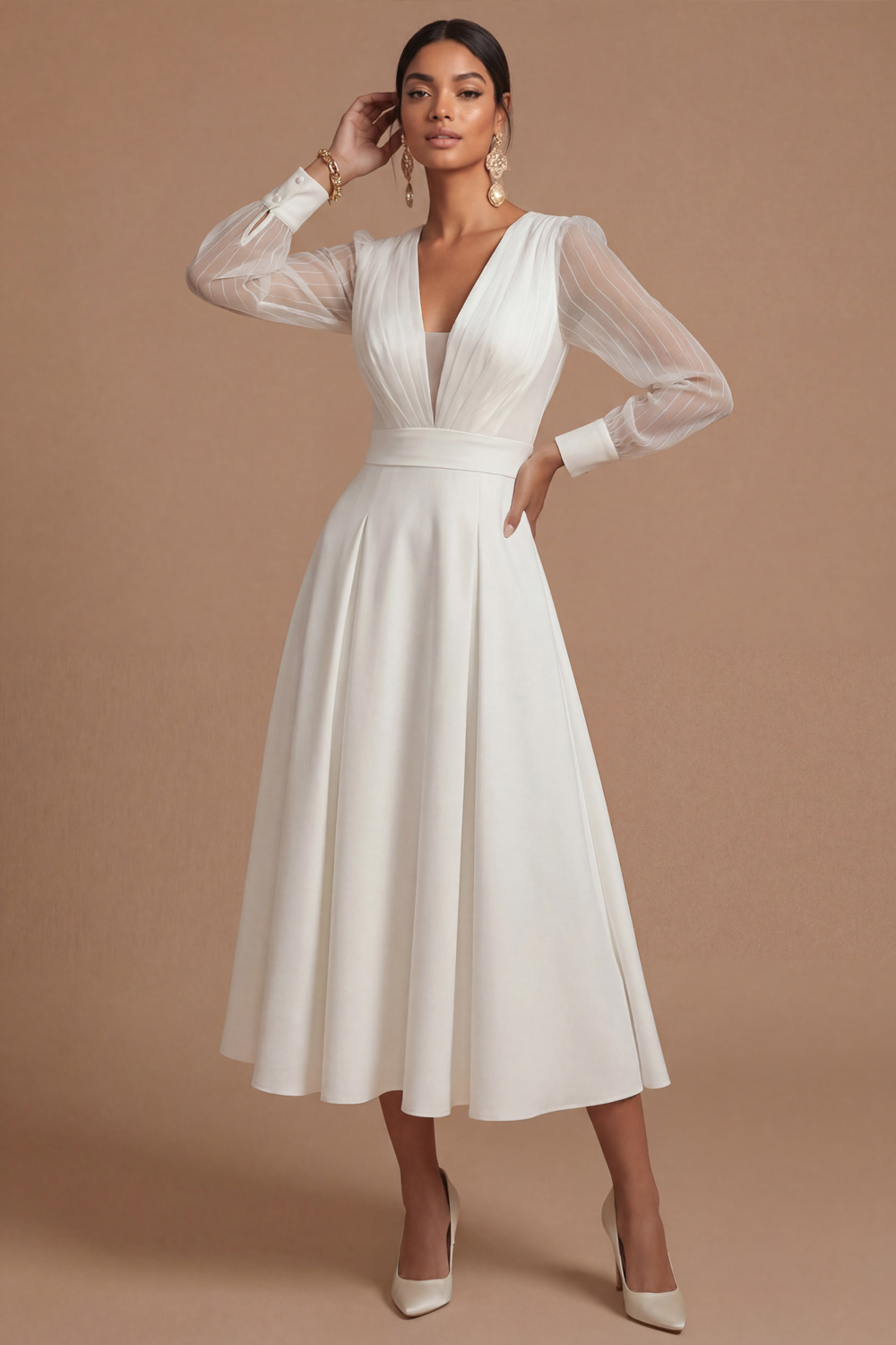 White Formal Dress A-Line V-Neck Long Sleeve Midi Dress 