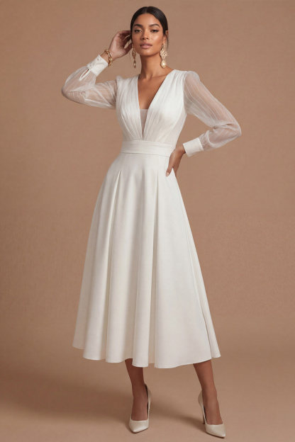 White Formal Dress A-Line V-Neck Long Sleeve Midi Dress 