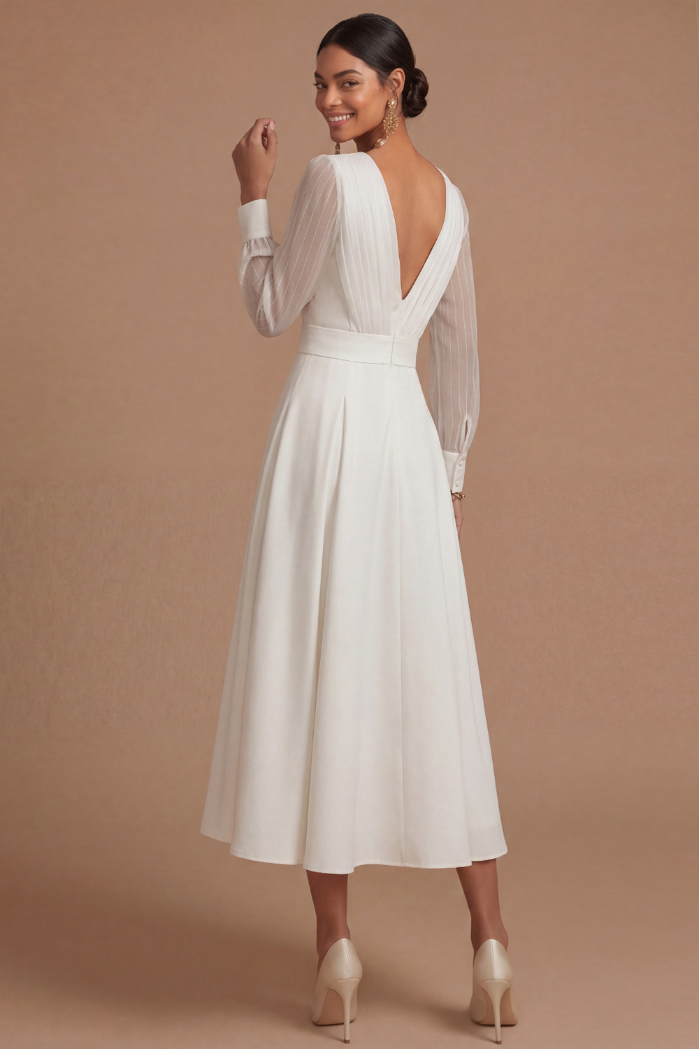 White Formal Dress A-Line V-Neck Long Sleeve Midi Dress 