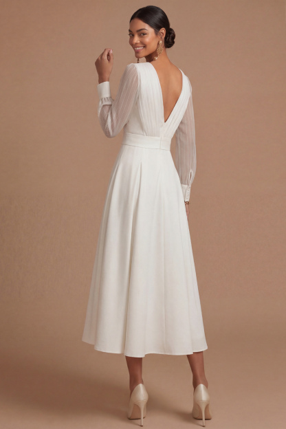 White Formal Dress A-Line V-Neck Long Sleeve Midi Dress 