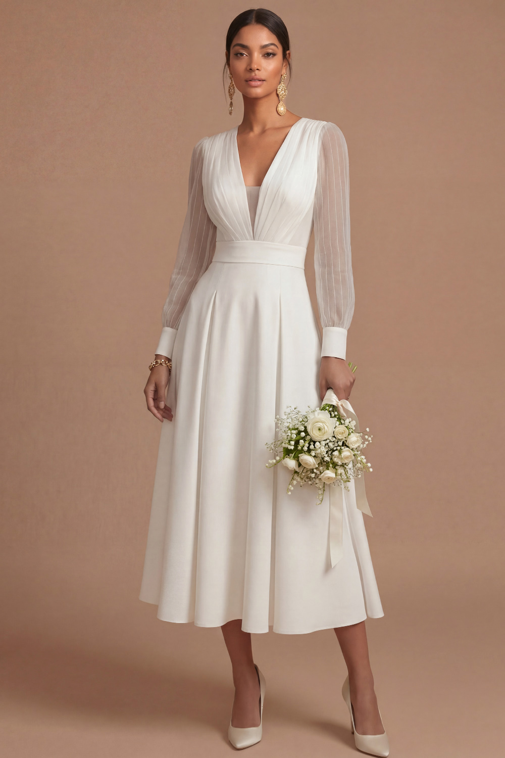 White Formal Dress A-Line V-Neck Long Sleeve Midi Dress 