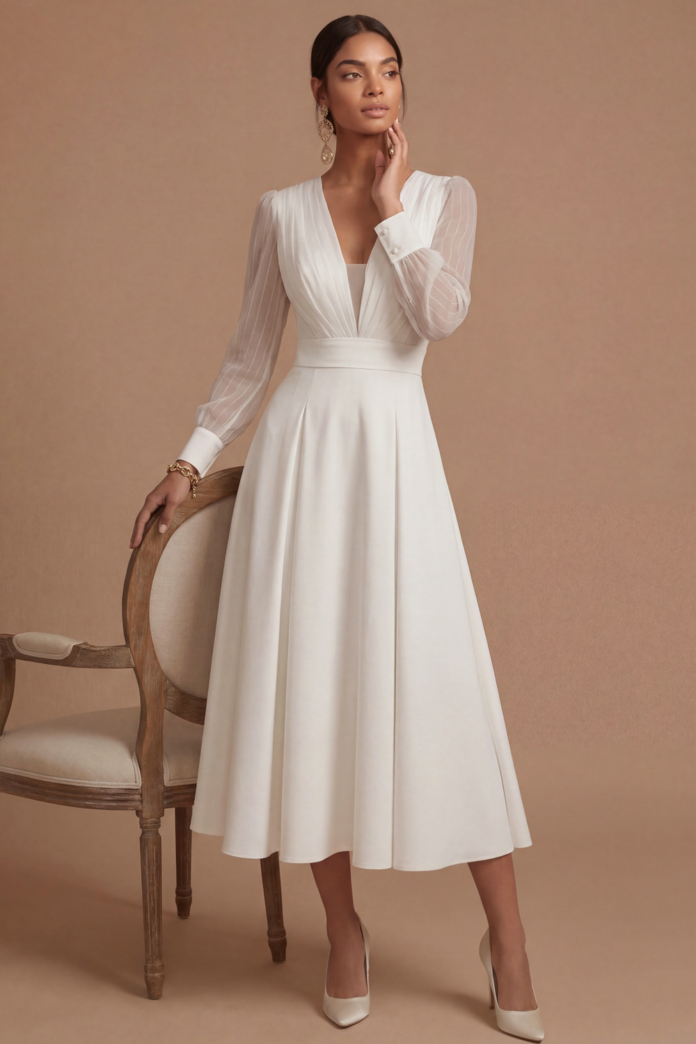 White Formal Dress A-Line V-Neck Long Sleeve Midi Dress 