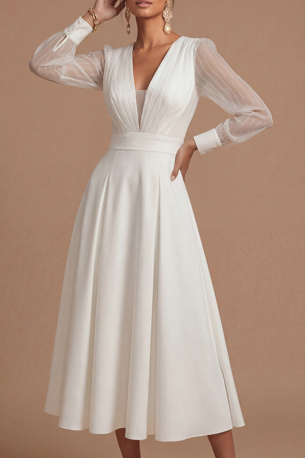 White Formal Dress A-Line V-Neck Long Sleeve Midi Dress 