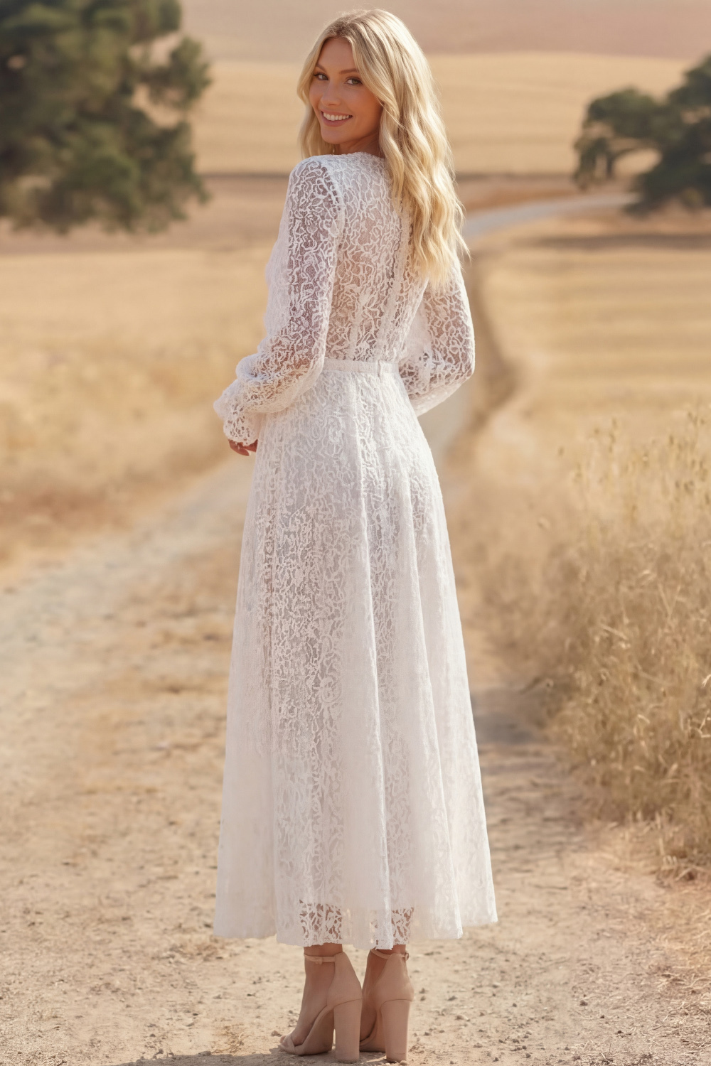 White Boho Dress A-Line V-Neck Long Sleeve Lace Maxi Dress